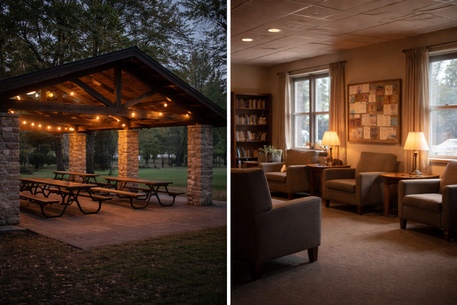 An empty park pavilion at dusk and a quiet community reading room, both lit but unoccupied